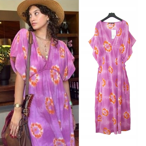 Zara Dresses & Skirts - Zara Pink and Orange 100% Cotton Kaftan Maxi Dress NWOT